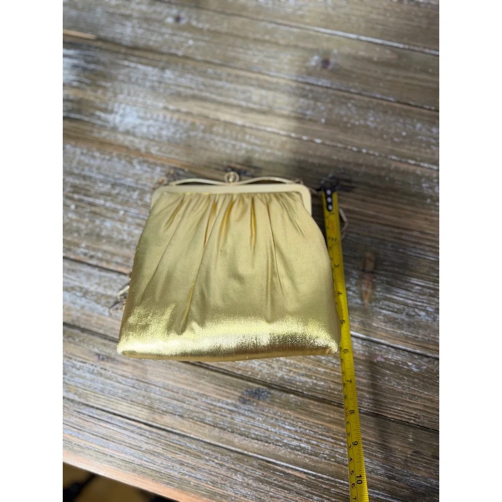 Vintage HL USA Gold Metallic Evening Bag Rhinestone Frame Kiss Lock Clutch Chain - Picture 6 of 8
